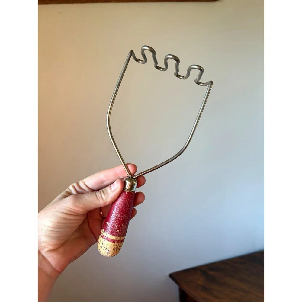 Vintage Wire Potato Masher Red Wood Handle Metal Kitchen Utensil